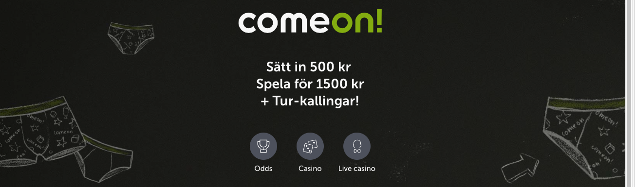 Sätt in 500kr hos ComeOn få 1500kr att spela med + Tur-kallingar